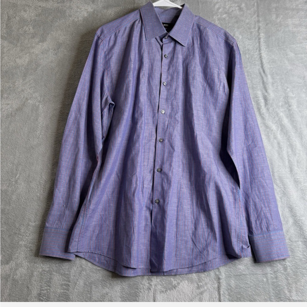 Hugo Boss Dress Shirt Mens 42 16 1/2 Blue Slim Fit Striped Button Up Linen Blend